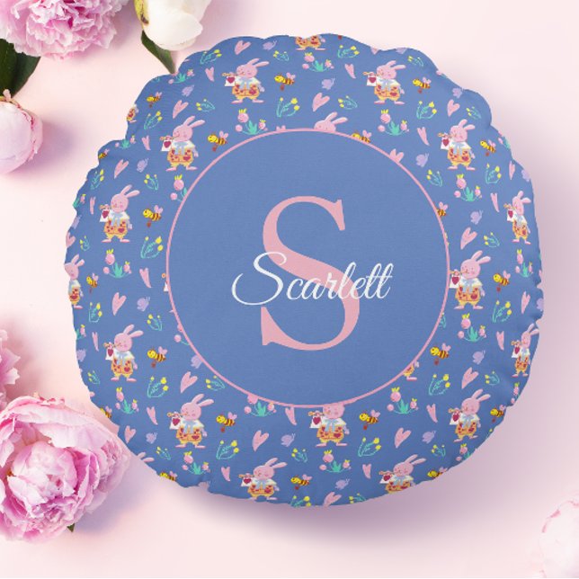 Whimsical Pink Bunny & Flowers Blue Monogram Round Cushion (Creator Uploaded)