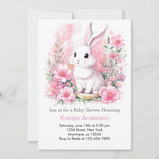 Whimsical Pink Bunny Woodland Girl Baby Shower Invitation (Front)