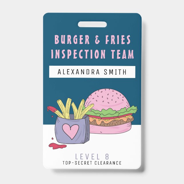 Whimsical Pink Burger and Fries Birthday Party ID Badge (Front)