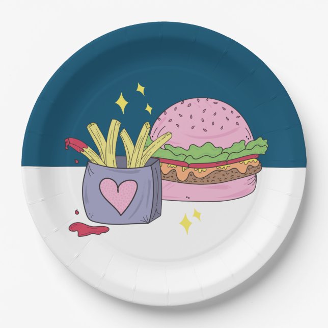 Whimsical Pink Burger and Fries Birthday Party Paper Plate (Front)