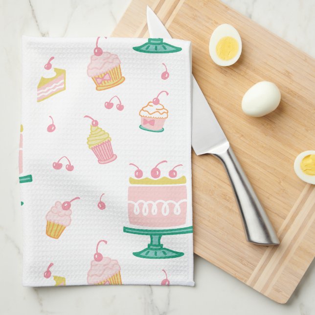 Whimsical Pink Cake and Cupcakes Tea Towel (Quarter Fold)