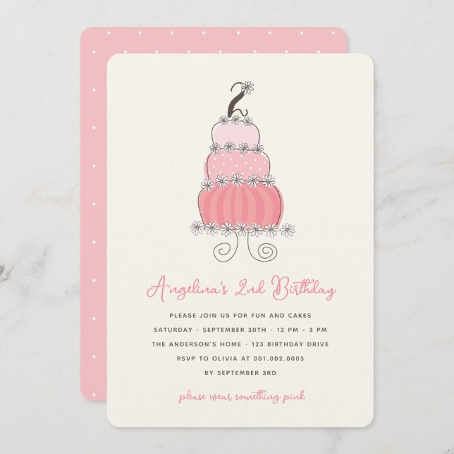 Whimsical Pink Cake Girl 2nd Birthday Party Invite (Front/Back)