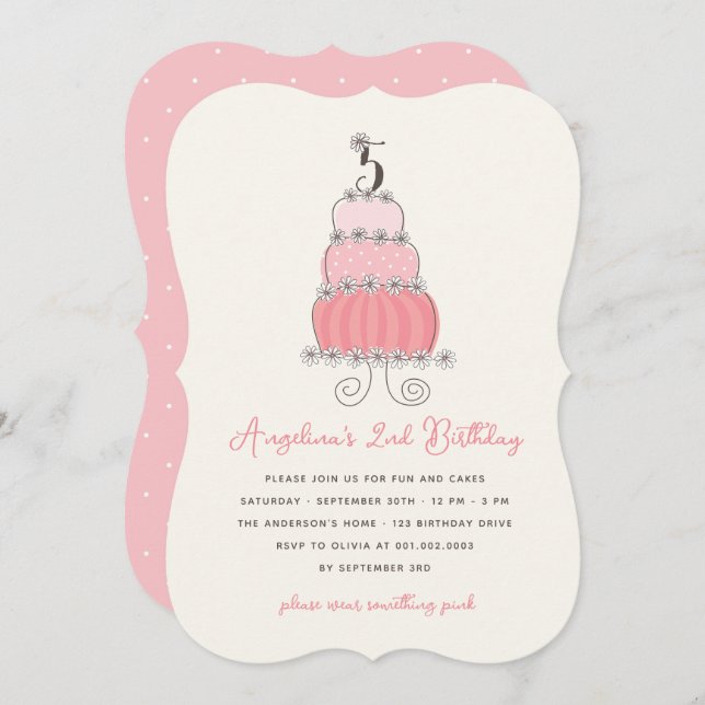 Whimsical Pink Cake Girl 5th Birthday Party Invite (Front/Back)