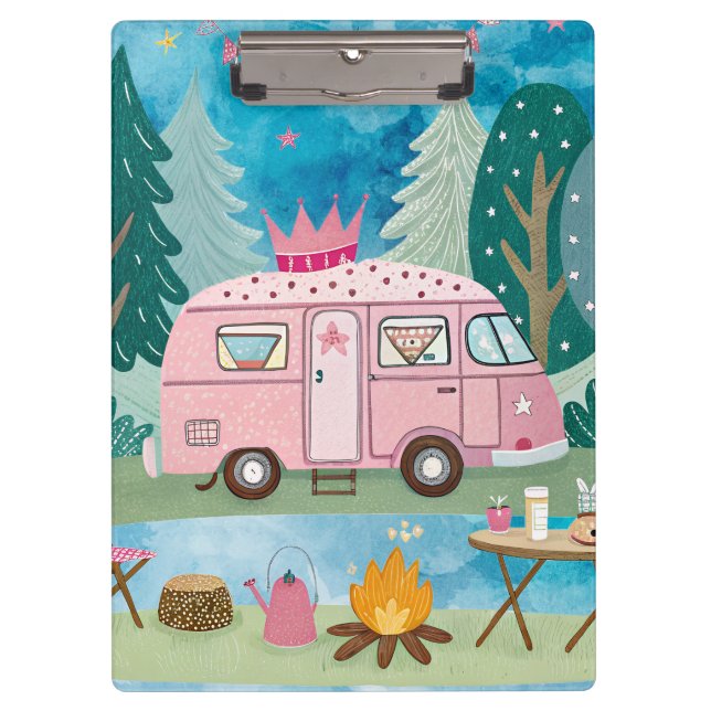 Whimsical Pink Camper Van Camping Scene Clipboard (Front)