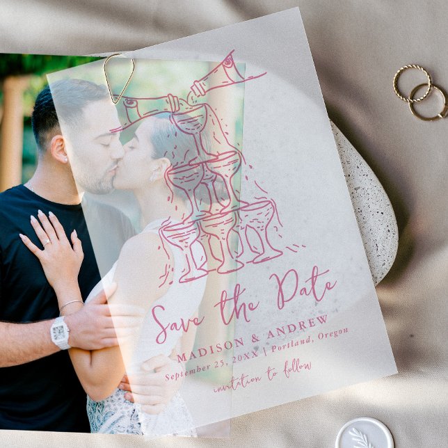 Whimsical Pink Champagne Tower Save the Date Vellum Invitations (Creator Uploaded)