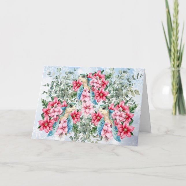 Whimsical Pink Christmas Florals & Sea Turtle Card (Front)