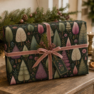 Whimsical Pink Christmas Tree and Floral Pattern  Wrapping Paper