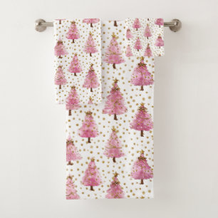 Whimsical Pink Christmas Tree Pattern Bath Towel Set