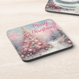 Whimsical Pink Christmas Tree Personalised Coaster