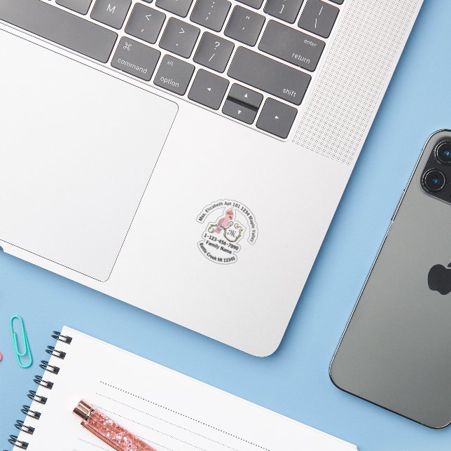 Whimsical Pink Cockatoo Monogram Classic Round Sti (Laptop w/ iPhone)
