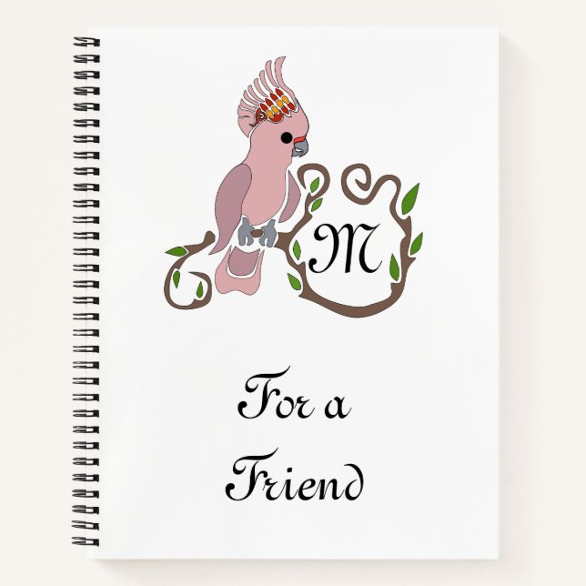 Whimsical Pink Cockatoo Monogram Notebook (Front)