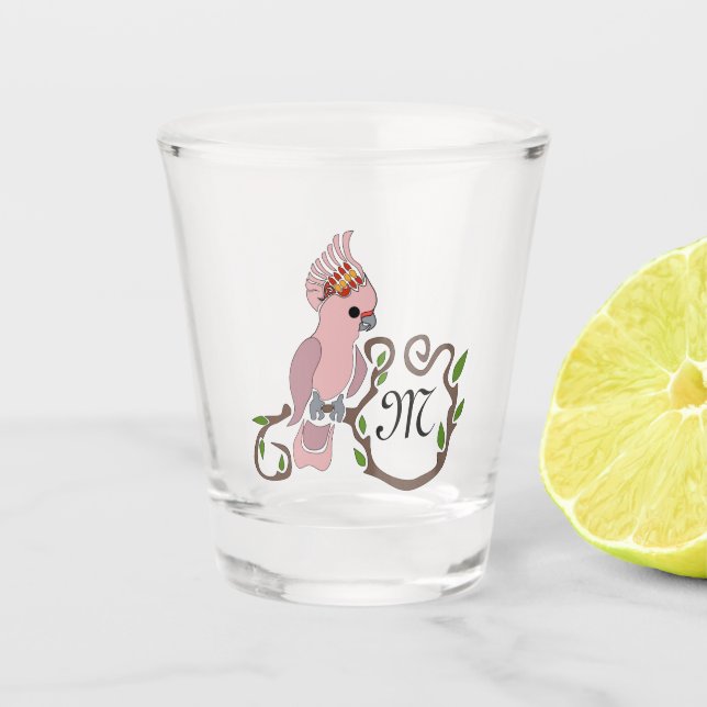 Whimsical Pink Cockatoo Monogram Shot Glass (Front)