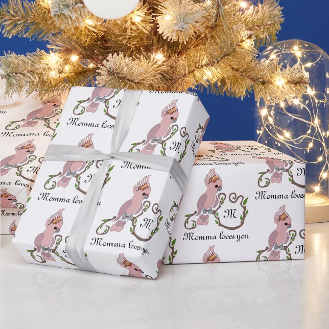 Whimsical Pink Cockatoo Monogram Wrapping Paper (Holidays)