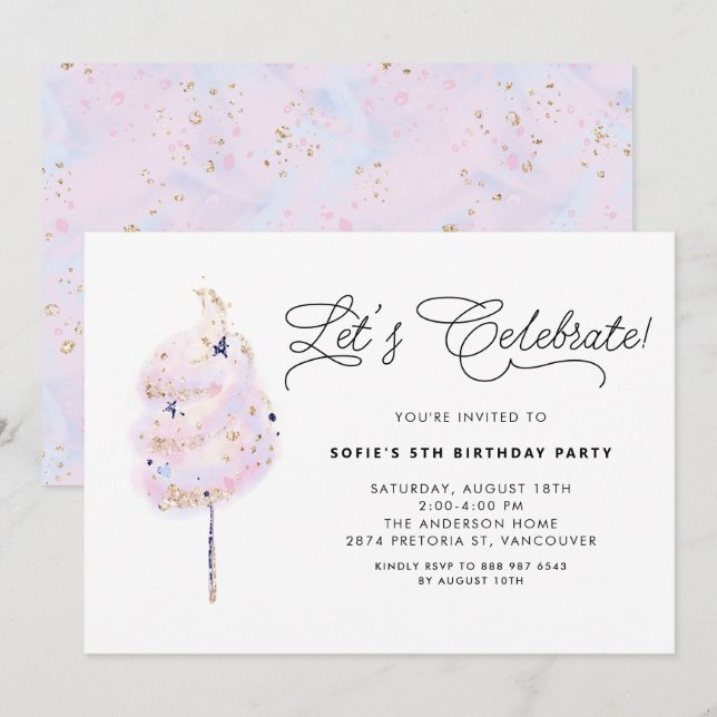 Whimsical Pink Cotton Candy Girls Birthday Party Invitation (Front/Back)