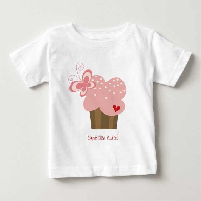 Whimsical Pink Cupcake Butterfly Girl Birthday Baby T-Shirt (Front)
