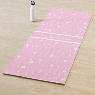 Whimsical Pink Daisy Floral Script Name Yoga Mat
