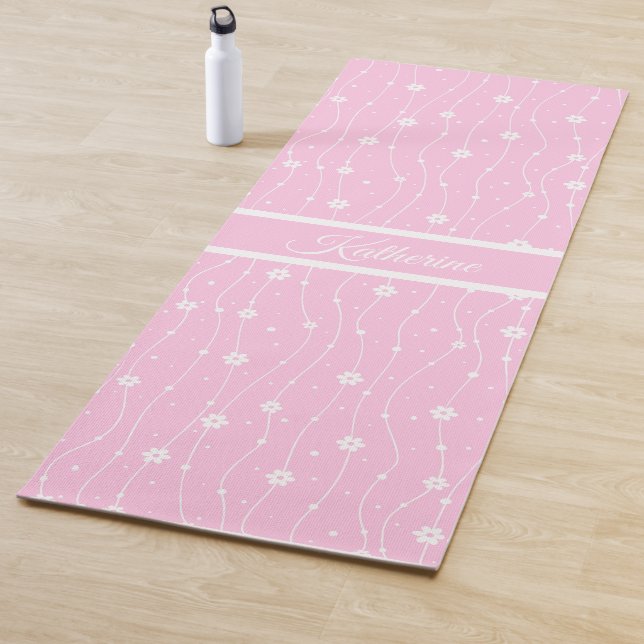 Whimsical Pink Daisy Floral Script Name  Yoga Mat (In Situ)