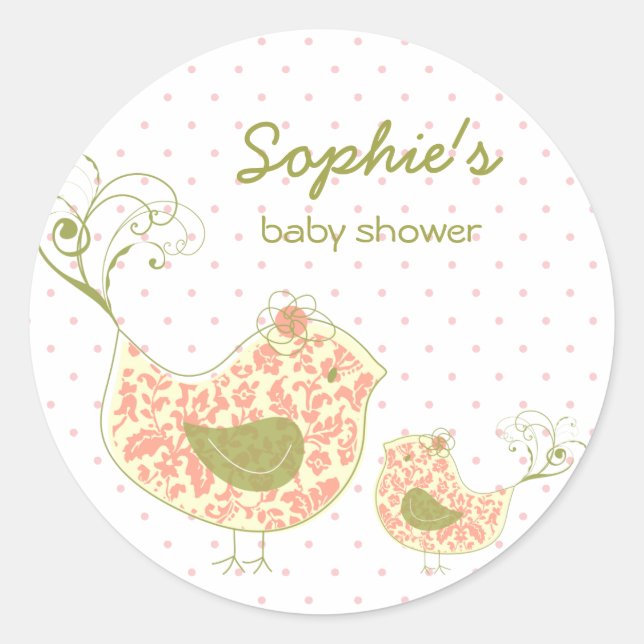Whimsical Pink Damask Mummy Bird Girl Baby Shower Classic Round Sticker (Front)