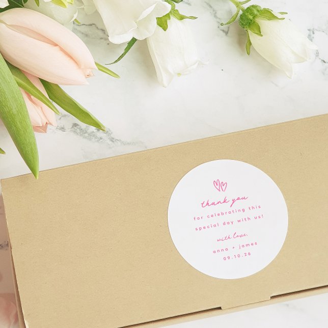 Whimsical Pink Doodle Heart Wedding Favour Classic Round Sticker (Creator Uploaded)