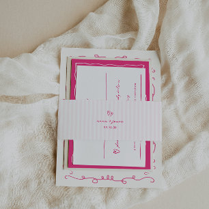 Whimsical Pink Doodle Hearts Wedding Invitation Belly Band