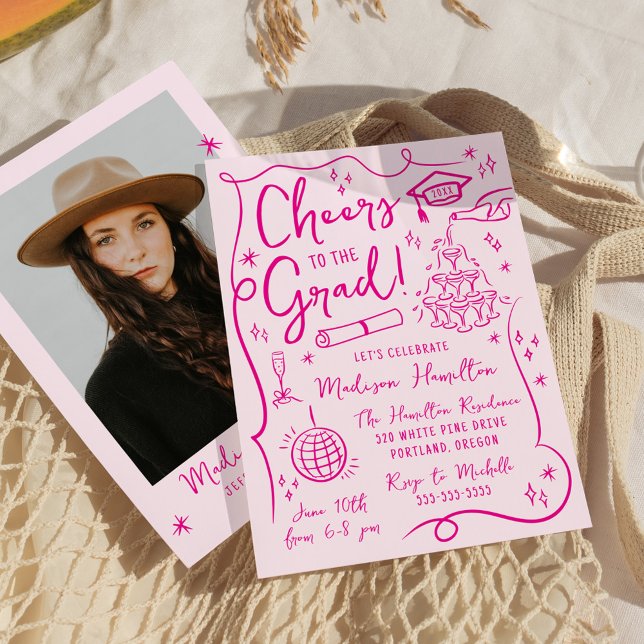 Whimsical Pink Doodles Photo Graduation Party Invitation (Creator Uploaded)