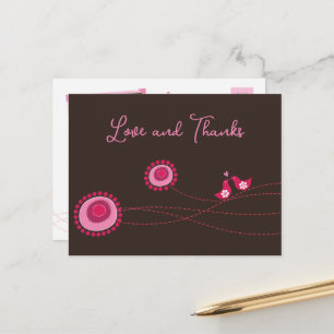 Whimsical Pink Dot Flowers & Happy Birds Thank You Postcard