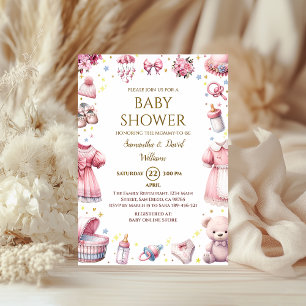 Whimsical Pink Elegant Baby Shower Floral Girl Invitation