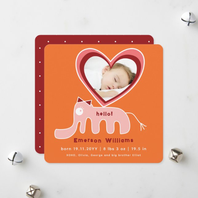 Whimsical Pink Elephant Love Baby Girl Photo Birth Holiday Card (Front/Back In Situ)