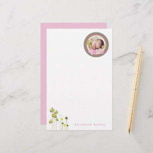 Whimsical Pink Elephants Family Baby Girl Photo Stationery