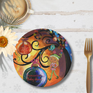 Whimsical Pink Elf & Christmas Tree Baby Shower  Paper Plate
