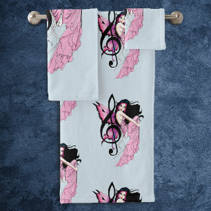 Whimsical Pink Fairy Blue Fantasy Music Note Bath Towel Set
