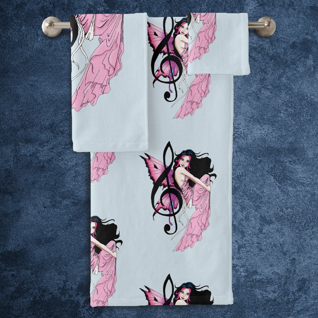 Whimsical Pink Fairy Blue Fantasy Music Note Bath Towel Set (Creator Uploaded)