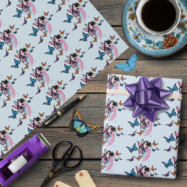 Whimsical Pink Fairy Blue Fantasy Music Note Wrapping Paper (Creator Uploaded)
