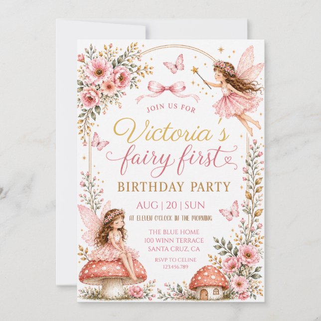 Whimsical Pink Fairy First Birthday Invitation (Front)