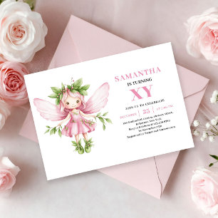 Whimsical Pink Fairy Girl 1st Birthday Floral Invitation