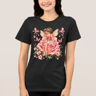 Whimsical Pink Fairy on Rose – Floral Fantasy Fair Tri-Blend Shirt