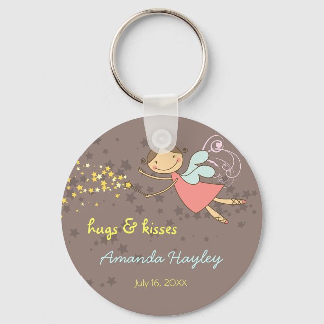 Whimsical Pink Fairy Princess Stars Girl Birthday Key Ring (Front)