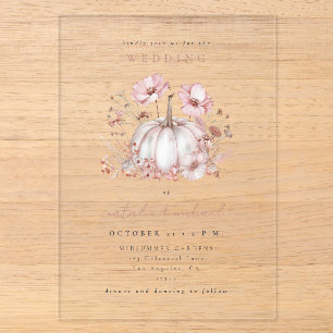 Whimsical Pink Fall in Love Pumpkin Wedding Acrylic Invitations