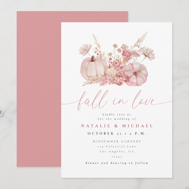 Whimsical Pink Fall in Love Pumpkin Wedding Invitation (Front/Back)