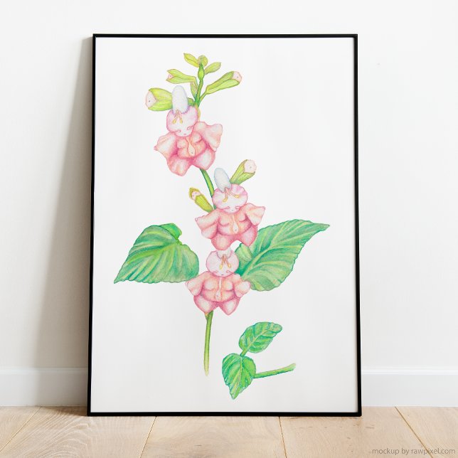 Whimsical Pink Fantasy Flowers Buds Watercolor Poster (magical watercolor illustration featuring three darling pink flower beings on a vibrant green stem)