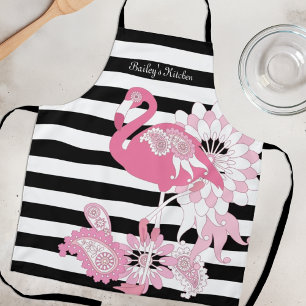 Whimsical Pink Flamingo Black and White Striped Apron