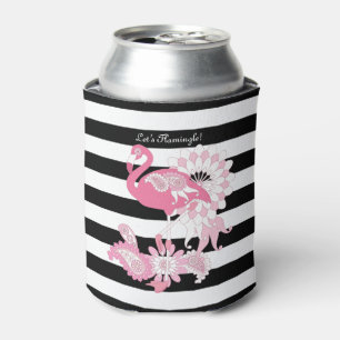Whimsical Pink Flamingo Black and White Striped Can Cooler
