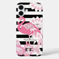 Whimsical Pink Flamingo Black and White Striped
