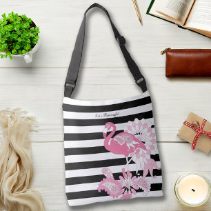Whimsical Pink Flamingo Black and White Striped Crossbody Bag