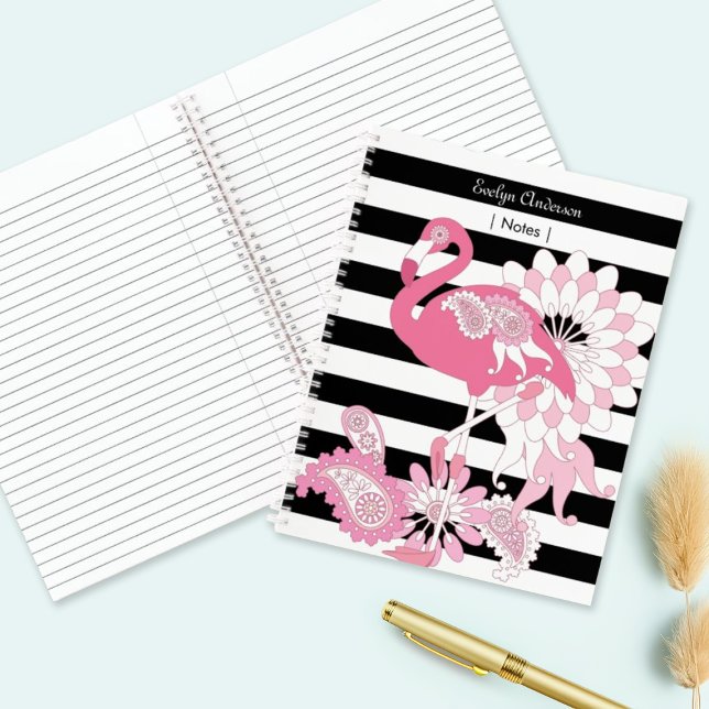 Whimsical Pink Flamingo Black and White Striped Notebook (Creator Uploaded)