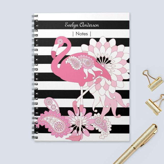 Whimsical Pink Flamingo Black and White Striped Notebook (Creator Uploaded)