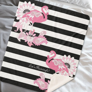 Whimsical Pink Flamingo Black and White Striped Sherpa Blanket