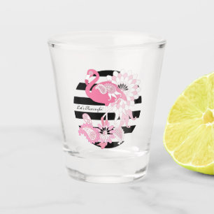 Whimsical Pink Flamingo Black and White Striped Shot Glass