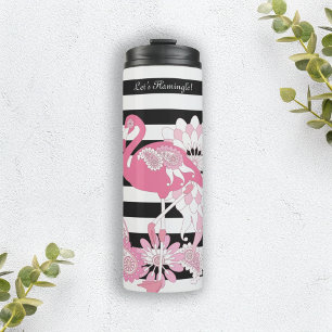 Whimsical Pink Flamingo Black and White Striped Thermal Tumbler