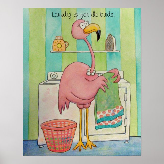Whimsical Pink Flamingo Does Laundry Cute Poster (Front)